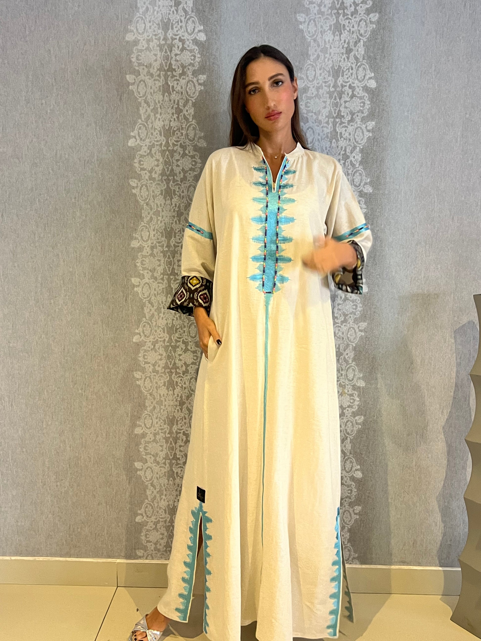 yellow blue Linen women Abaya